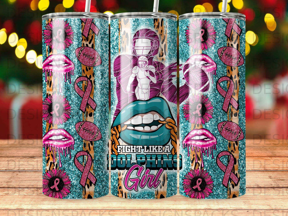 Glittery tumbler wrap with football player, lips, sunflowers, and pink ribbons.