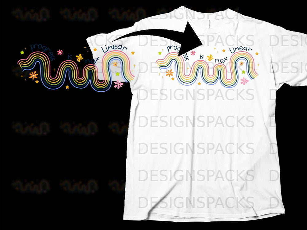 White t-shirt with "progress is not linear" text and rainbow graphic.
