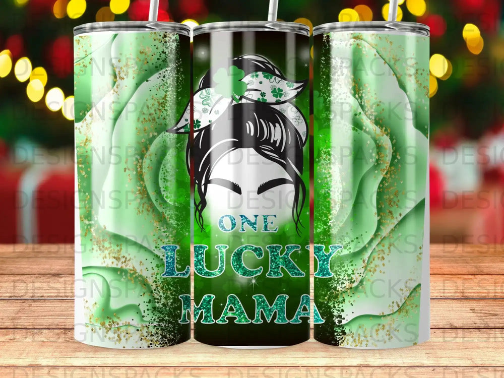 Green glitter tumbler with "Lucky Mama" text and shamrock headband.