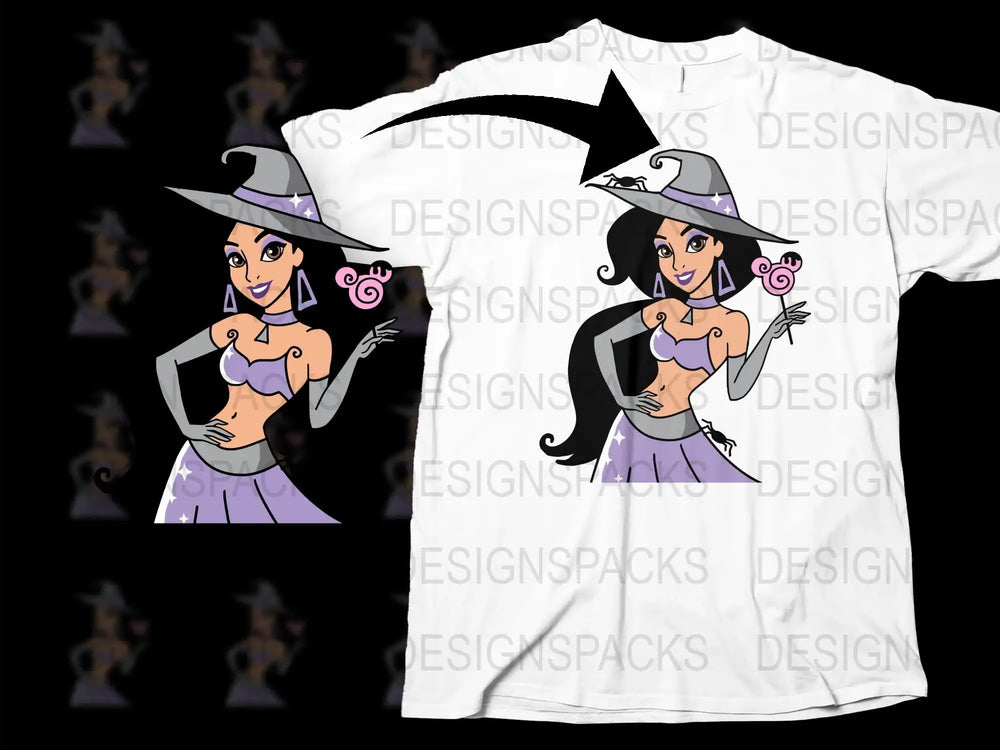 Cute Witch Graphic T-Shirt, Whimsical Halloween Cartoon Character, Purple Accents, Women's Fashion Tee