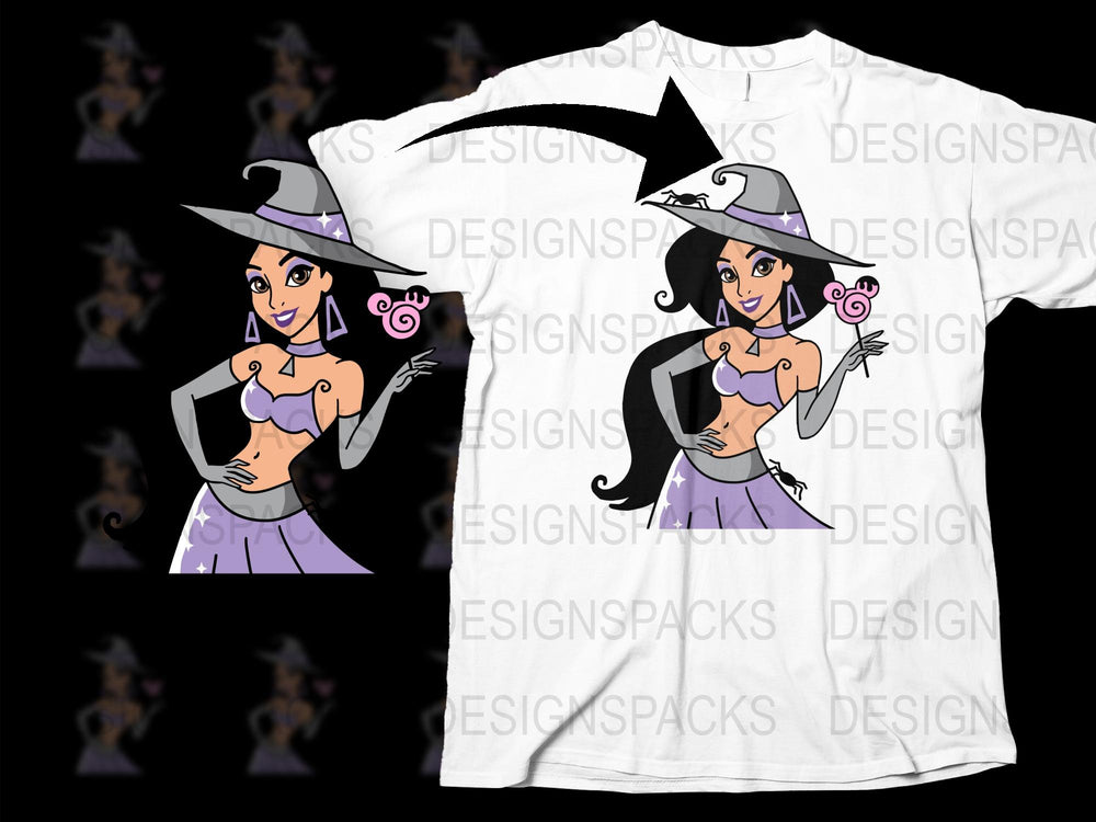 Cute Witch Graphic T-Shirt, Whimsical Halloween Cartoon Character, Purple Accents, Women's Fashion Tee