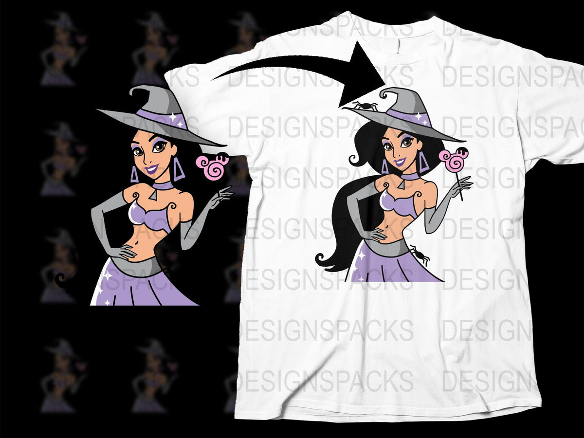 Cute Witch Graphic T-Shirt, Whimsical Halloween Cartoon Character, Purple Accents, Women's Fashion Tee
