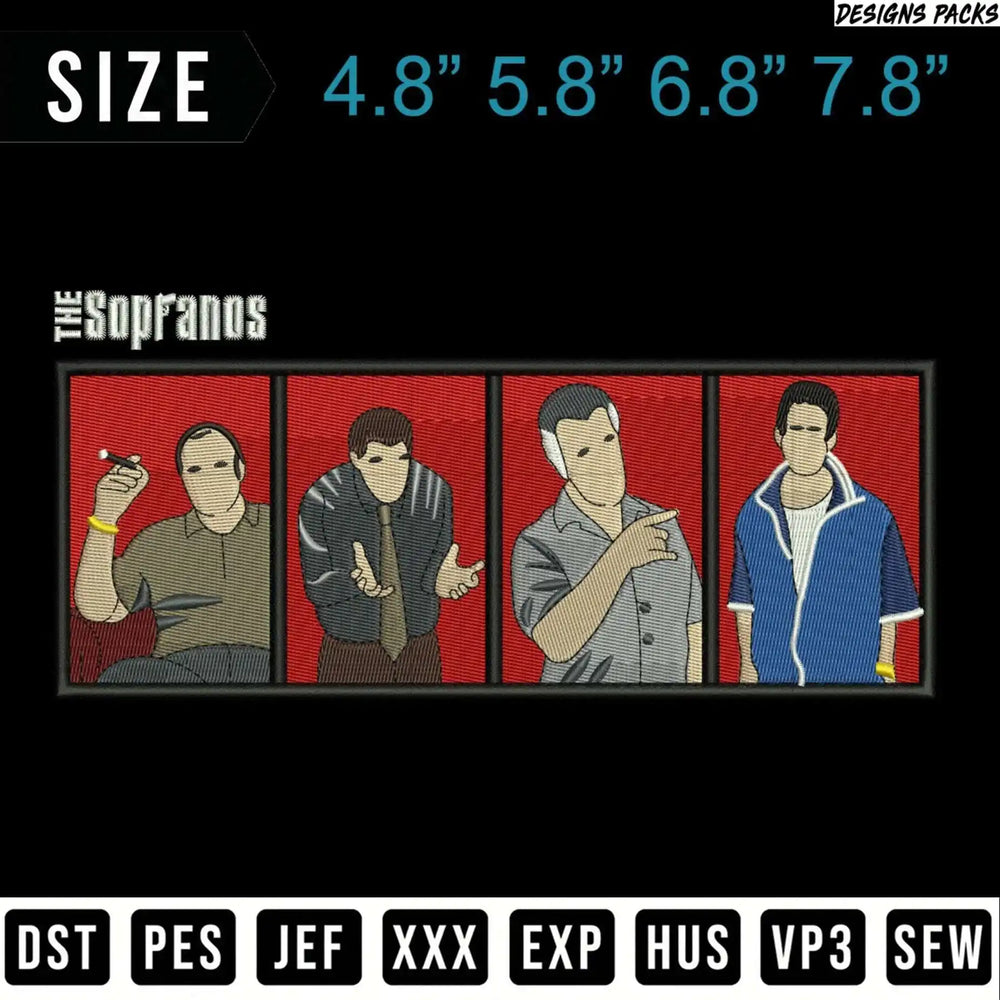 Four characters from The Sopranos in embroidery design, with size and file format options.