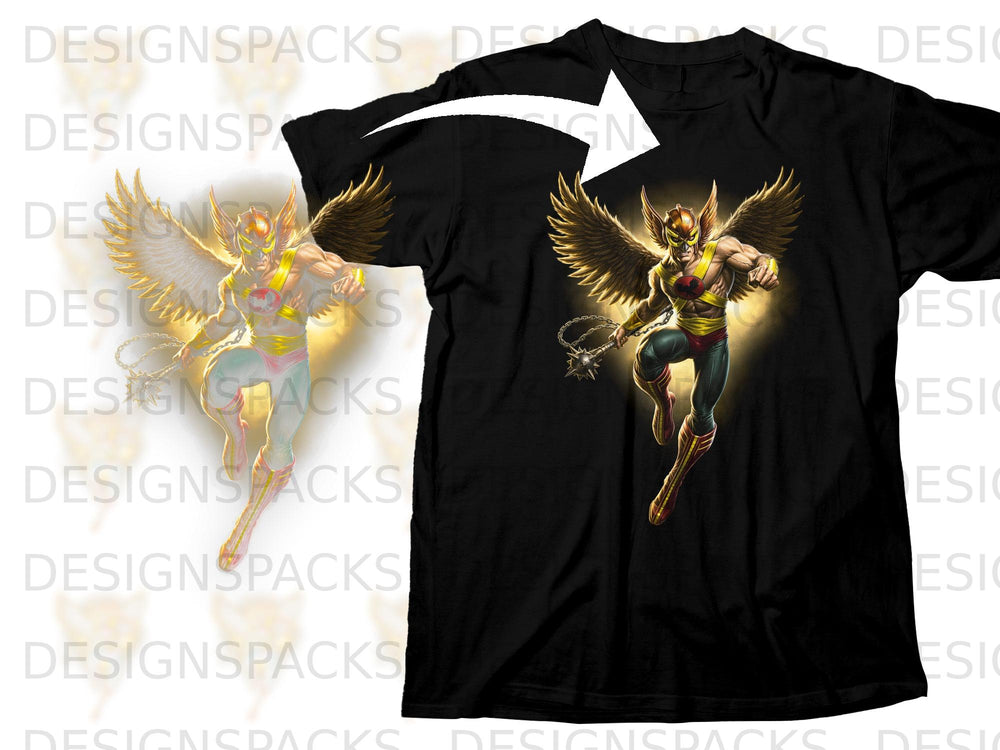 Black t-shirt featuring Hawkman with golden wings and mace.