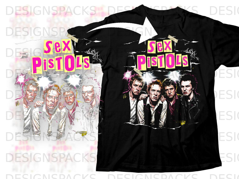 Black t-shirt with Sex Pistols band members and distressed text graphic.
