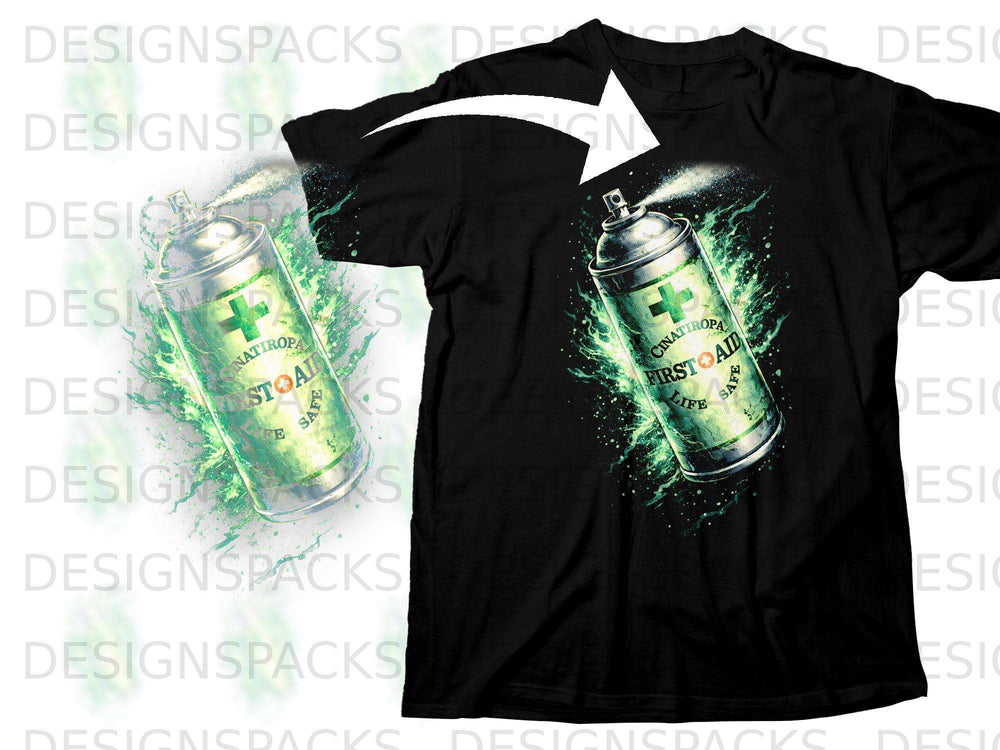 Black t-shirt with a spray can graphic featuring "First Aid" and a green cross.