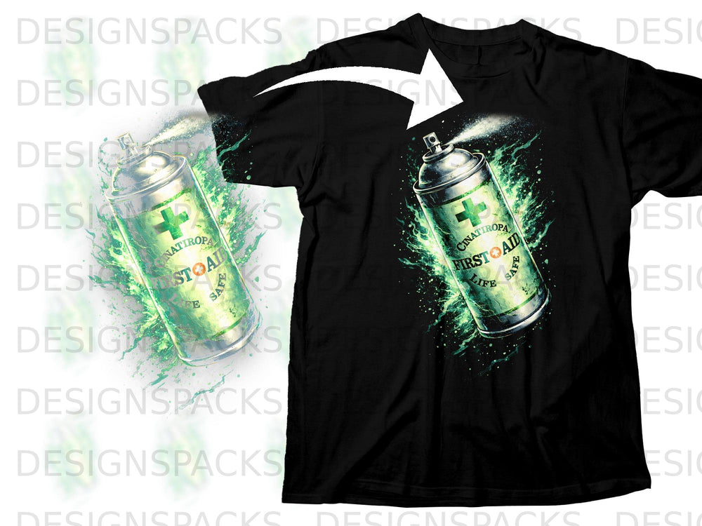 Black t-shirt with a spray can graphic featuring "First Aid" and a green cross.