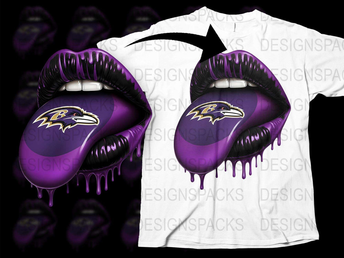 Baltimore Ravens T-Shirt with Large Purple Lips Graphic, Dripping Logo, Sports Fan Apparel, Bold Colors, Stylish NFL Gear