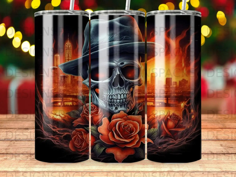 Skull with hat and roses against fiery city skyline.