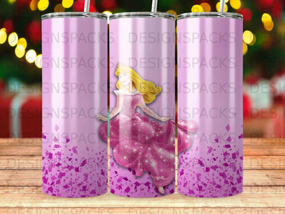 Pink glitter tumbler with Cinderella on a swirl of glitter.