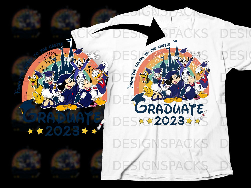Disney characters in graduation caps with "Graduate 2023" text.