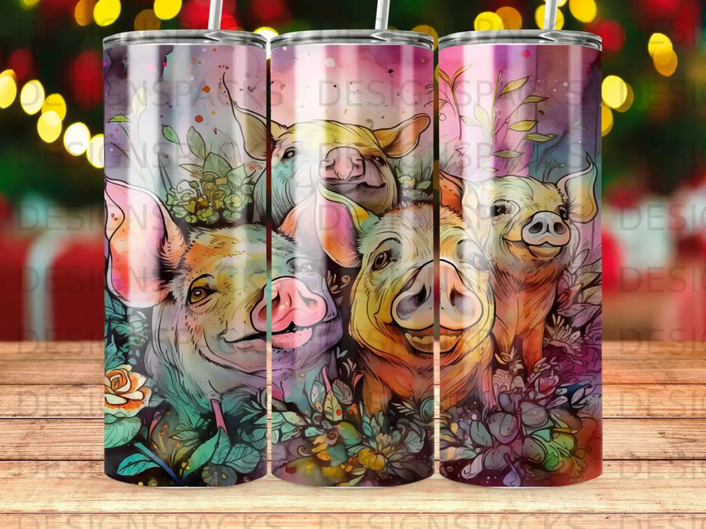 Four smiling pigs with flowers and leaves, colorful, cartoon style.
