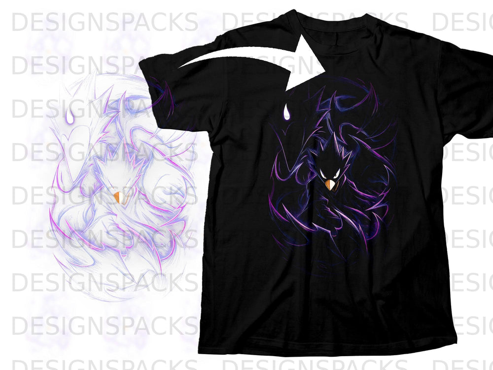 Black t-shirt with a dark bird illustration in purple and blue lines.