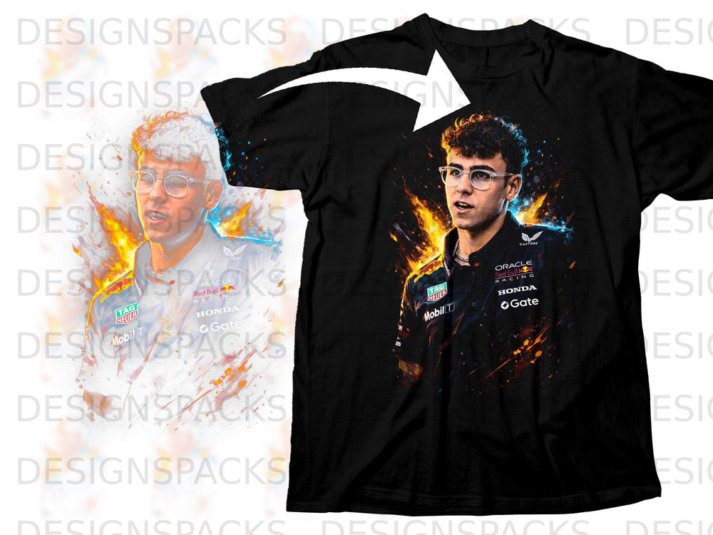 Black t-shirt with a graphic of Max Verstappen with fiery orange and blue accents.