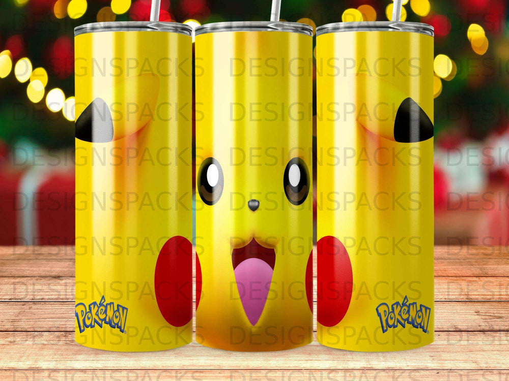 Yellow tumbler with Pikachu face and Pokemon logo.