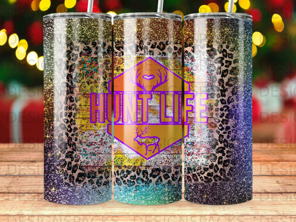 Tumbler with a purple elk silhouette, "Hunt Life" text, and leopard print.