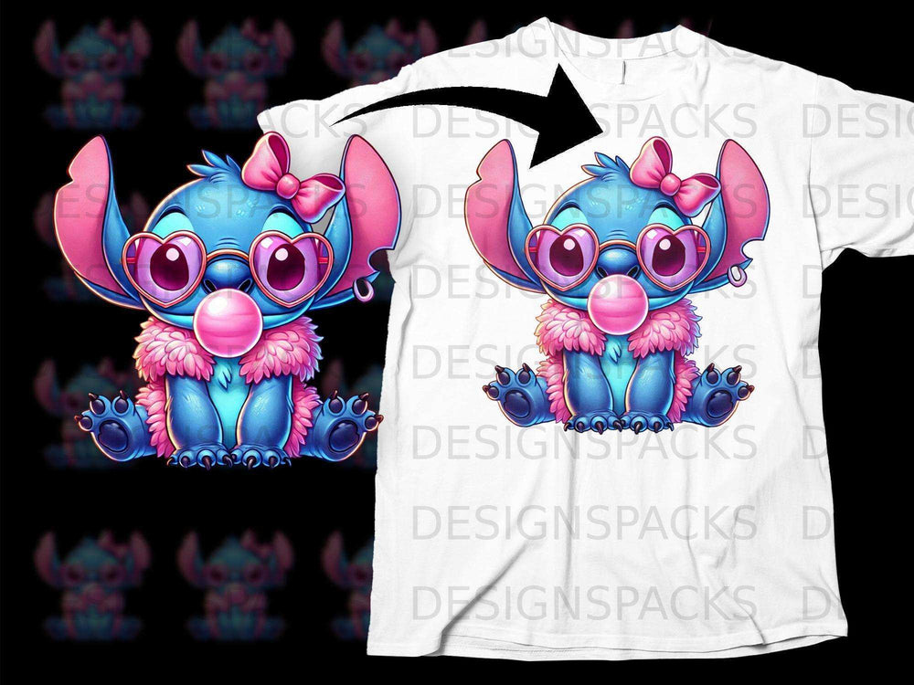 Cute Blue Character with Pink Bow and Bubble T-Shirt