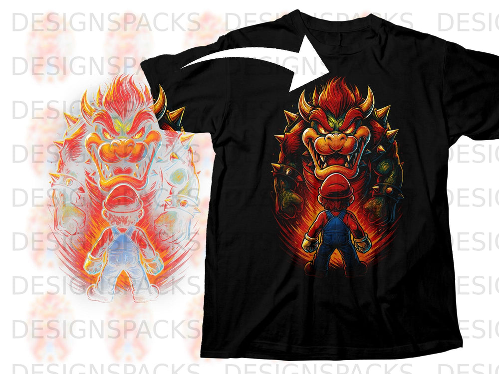 Black t-shirt featuring Mario facing Bowser with fiery effects.