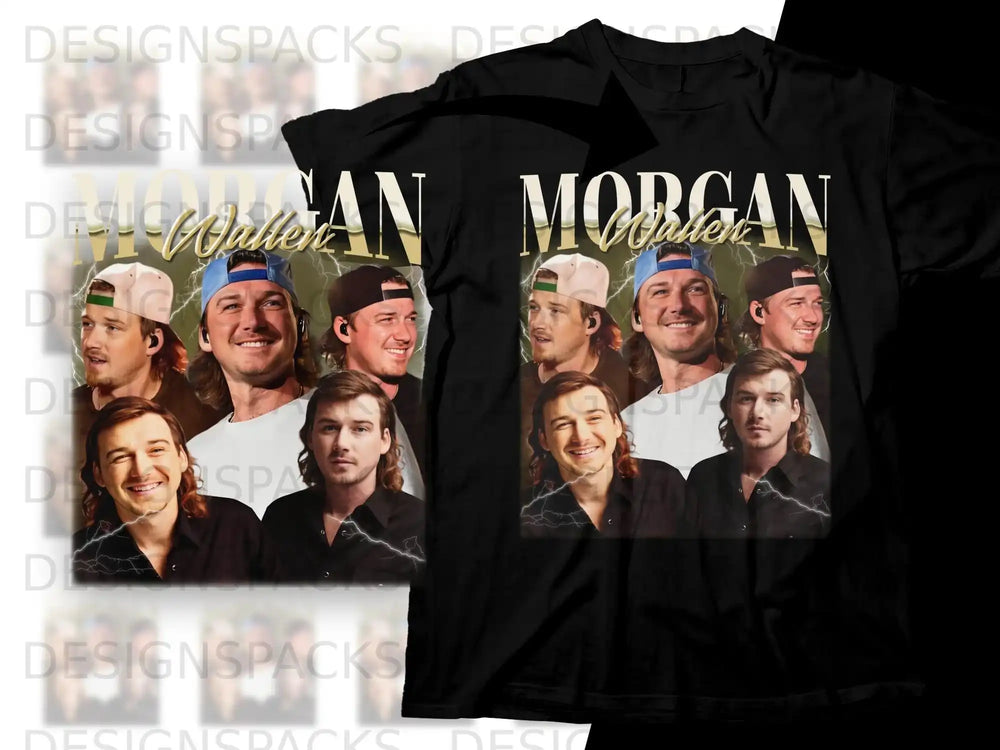 Collage of Morgan Wallen portraits on a black t-shirt.