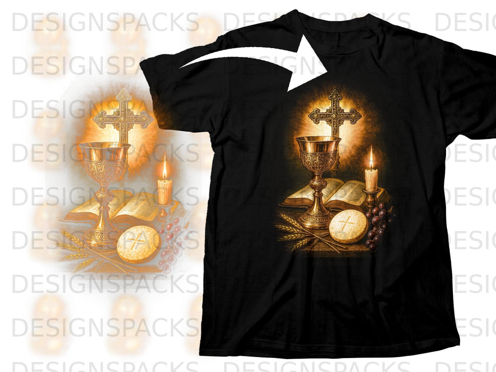 Christian communion design with chalice, cross, bible, candle, grapes, and bread.