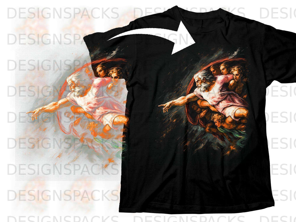 Black t-shirt featuring "The Creation of Adam" painting by Michelangelo.