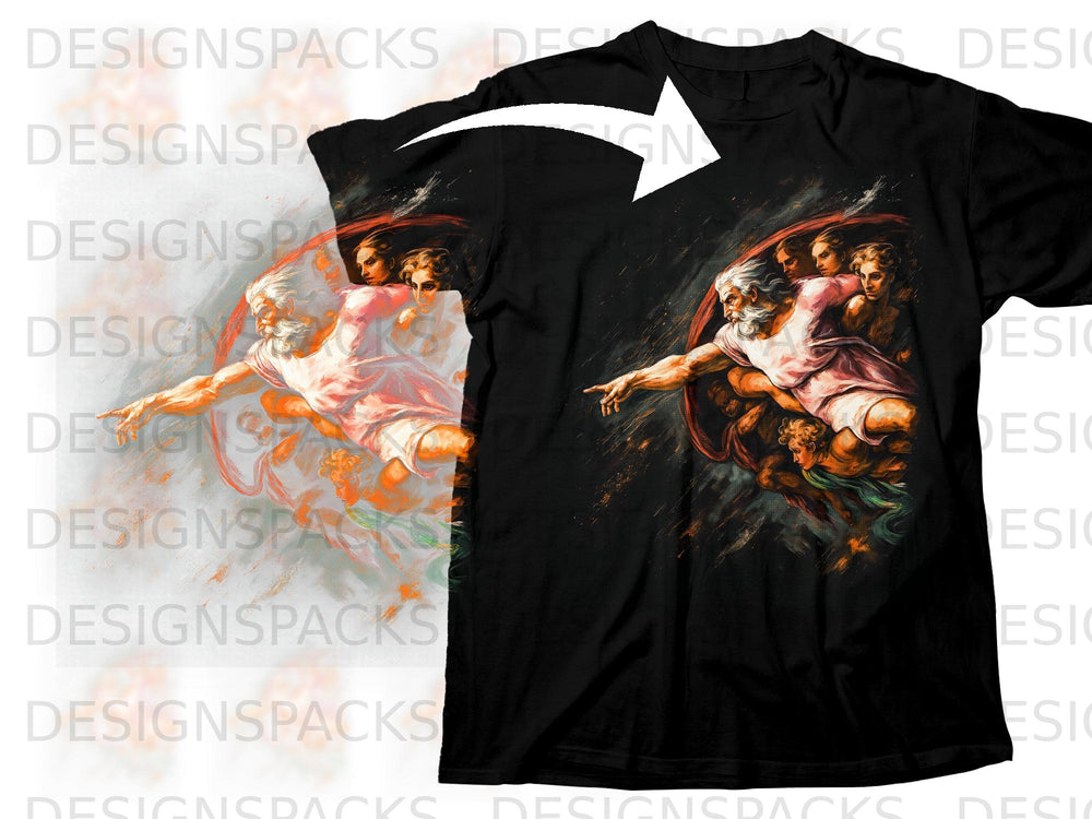 Black t-shirt featuring "The Creation of Adam" painting by Michelangelo.