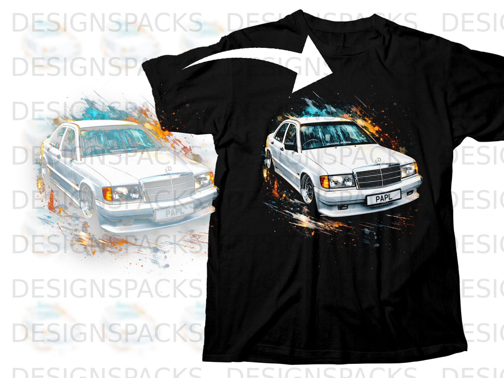 Black t-shirt featuring a graphic of a white Mercedes-Benz sedan surrounded by colorful watercolor splashes.