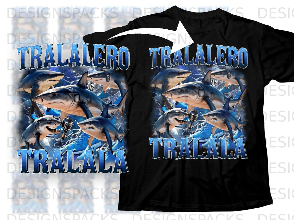 Sharks singing with microphones and text "TRALALERO TRALALALA".