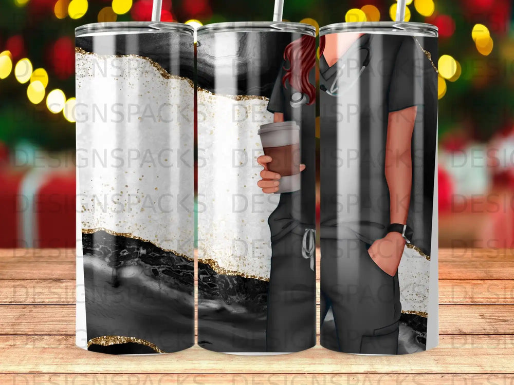 Three tumblers with black, white, and gold marbled patterns and a medical professional illustration.