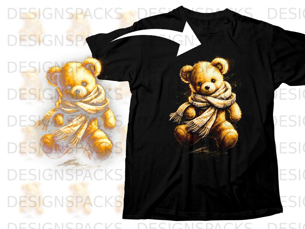 Black t-shirt with a graphic of a teddy bear wearing a scarf.