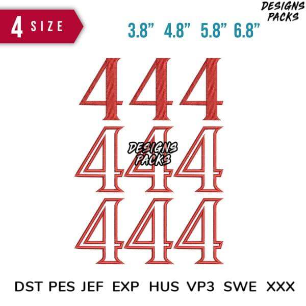 Embroidery design of number 444 in four sizes, available in DST, PES, JEF formats for instant download.
