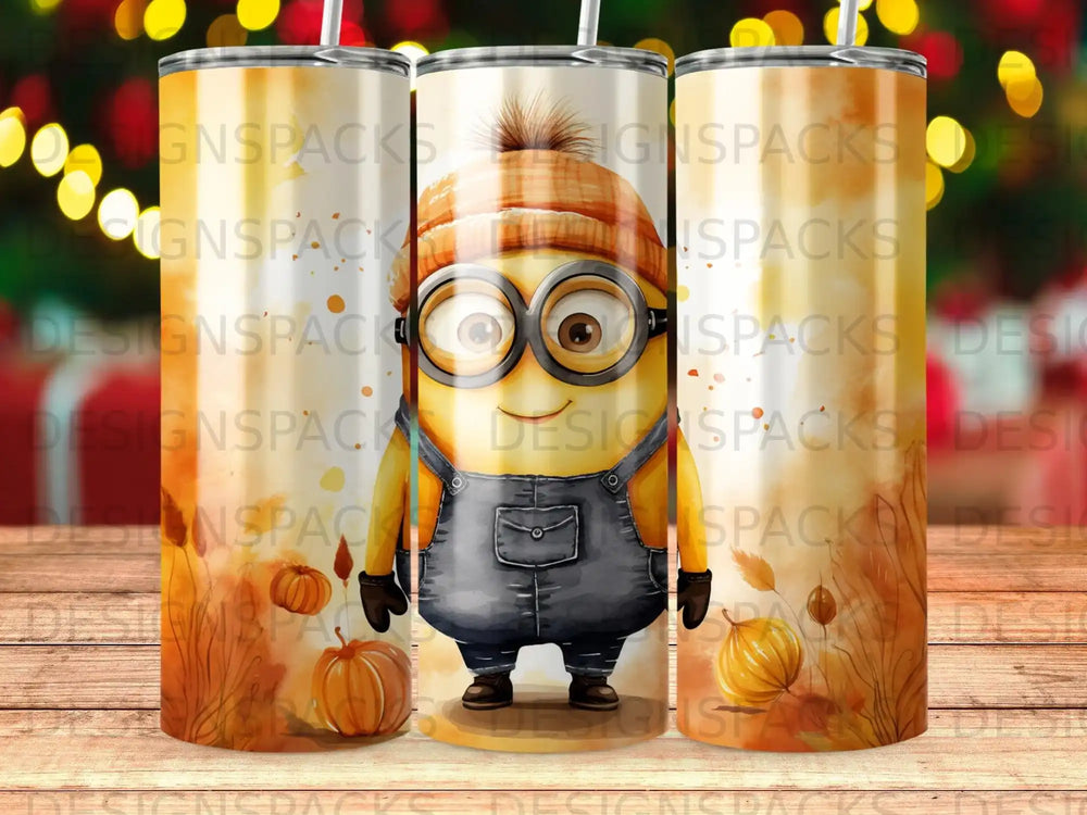 Minion character in overalls with pumpkins, on a tumbler design.