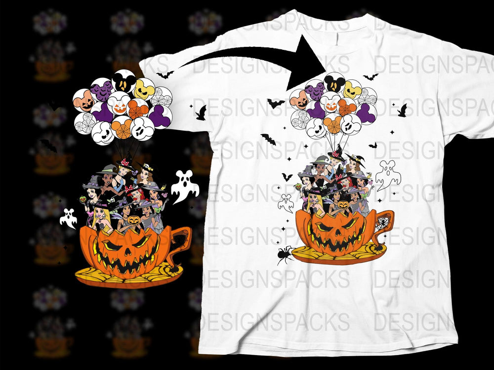 Colorful Halloween T-Shirt with Cartoon Pumpkins and Ghosts, Kids and Adults Sizes Available