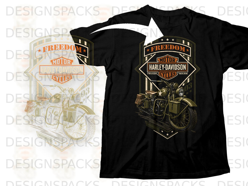 Black t-shirt with Harley-Davidson "Freedom" logo and vintage motorcycle graphic.