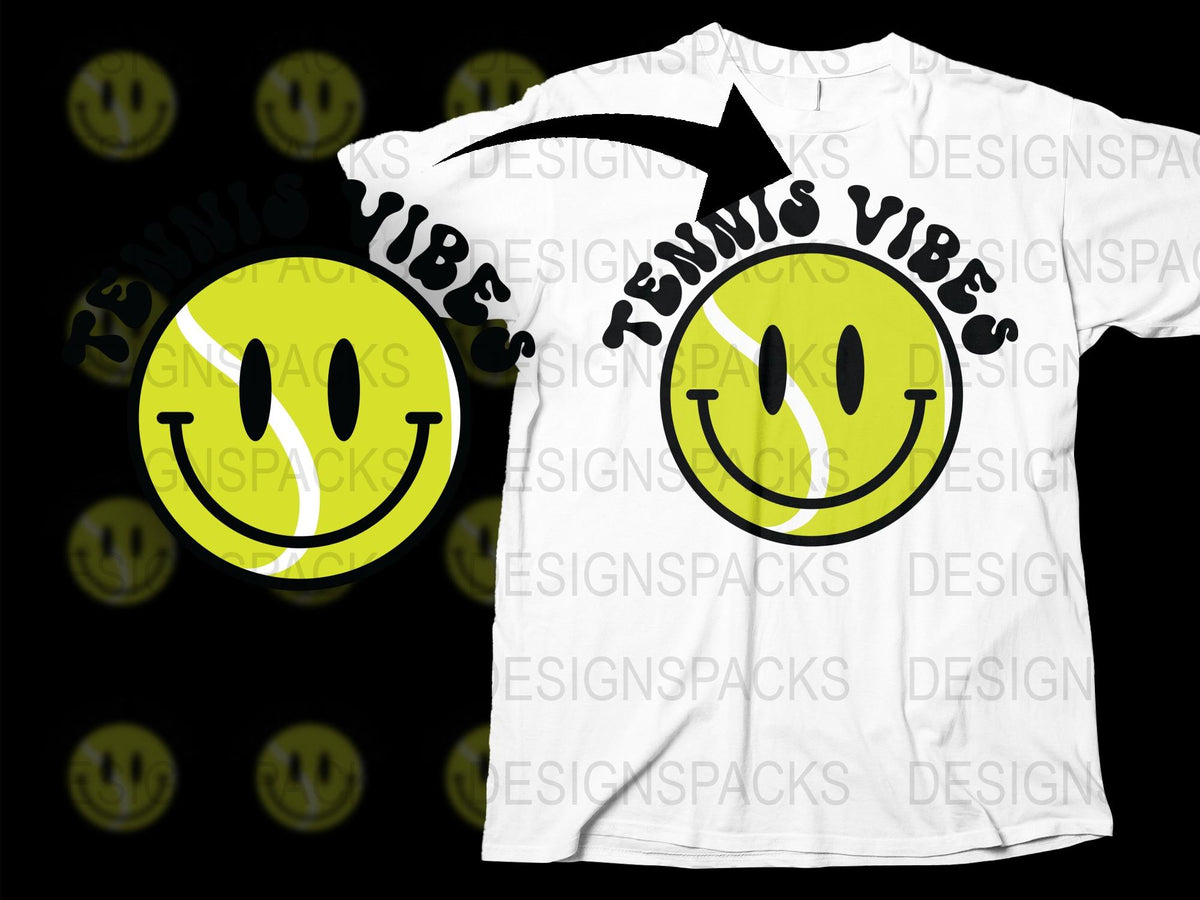 Tennis Vibes Smiley Face T-Shirt, Happy Face Casual Sporty Tee, Unisex Summer Fashion Top