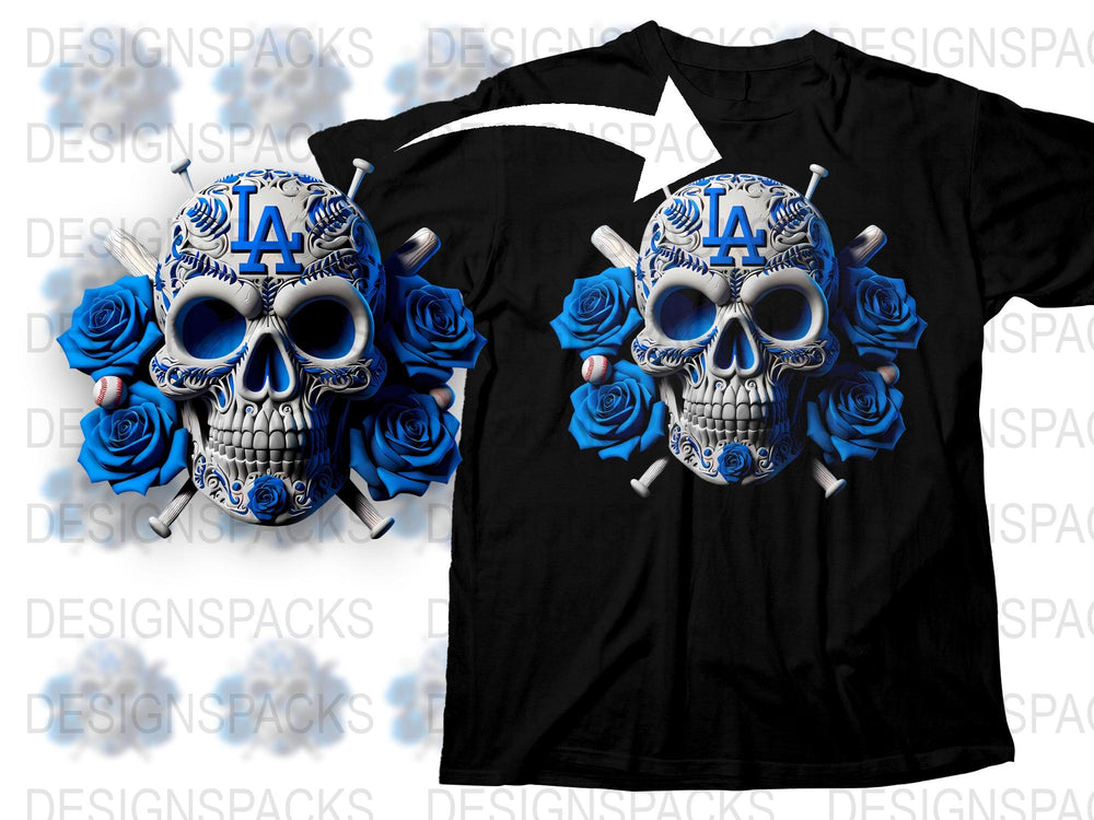 Los Angeles Skull and Blue Roses Graphic T-Shirt, Gothic LA Fan Apparel, Unisex Black Tee