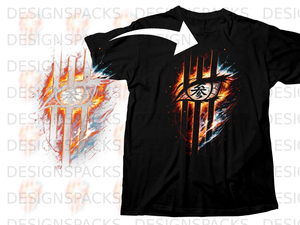 Black t-shirt with fiery eye design and Japanese calligraphy symbol.
