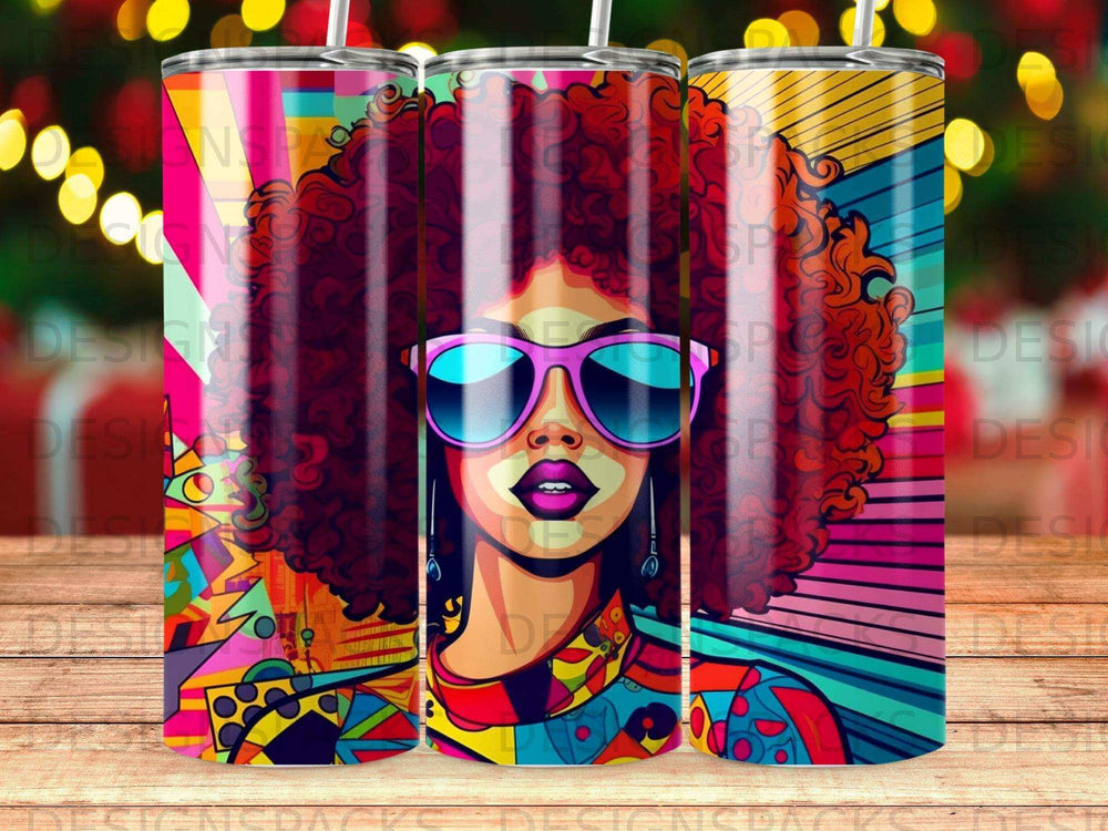 Woman with pink sunglasses and colorful abstract background on a tumbler.