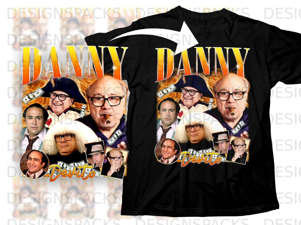 Black t-shirt with a collage of Danny DeVito images and the name "Danny DeVito".