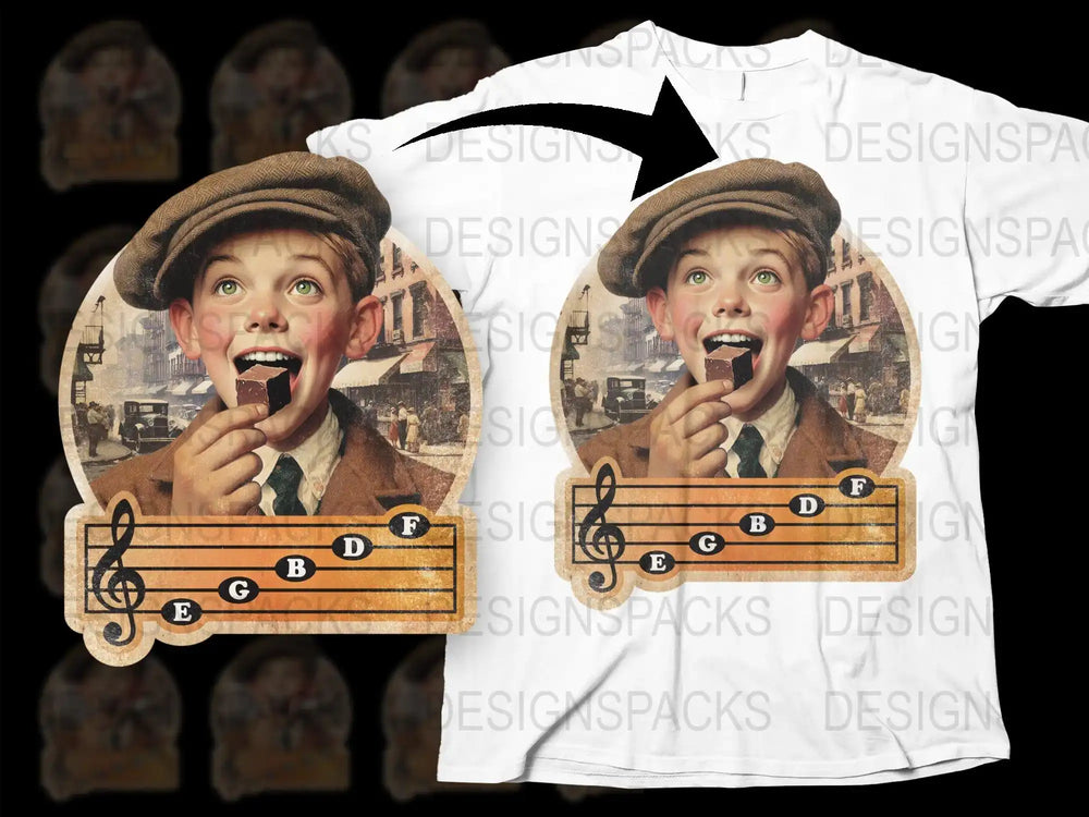 Vintage Musical T-Shirt, Retro Boy Eating Chocolate, Musical Notes Graphic Tee, Unique Music Lover Gift, Unisex Clothing