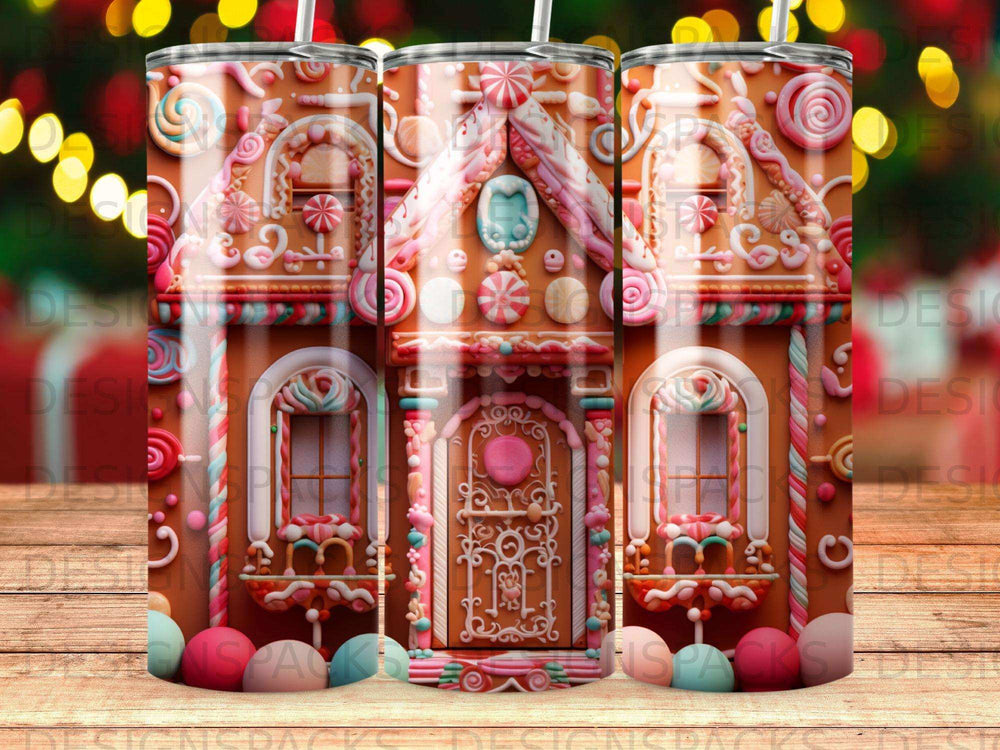 Gingerbread house design with candy canes and frosting on a tumbler.