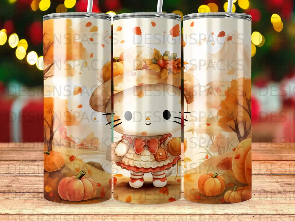 Cute cat character in autumn outfit with pumpkins and falling leaves.