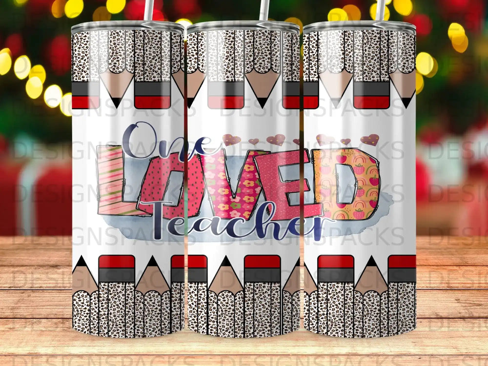 Sublimation tumbler wrap featuring "One Loved Teacher" text with pencil and leopard print designs.