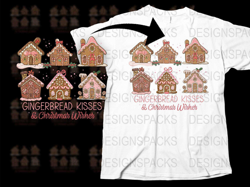 Gingerbread Kisses Christmas Wishes T-Shirt, Cute Holiday Gingerbread House Tee, Festive Winter Apparel for All Ages