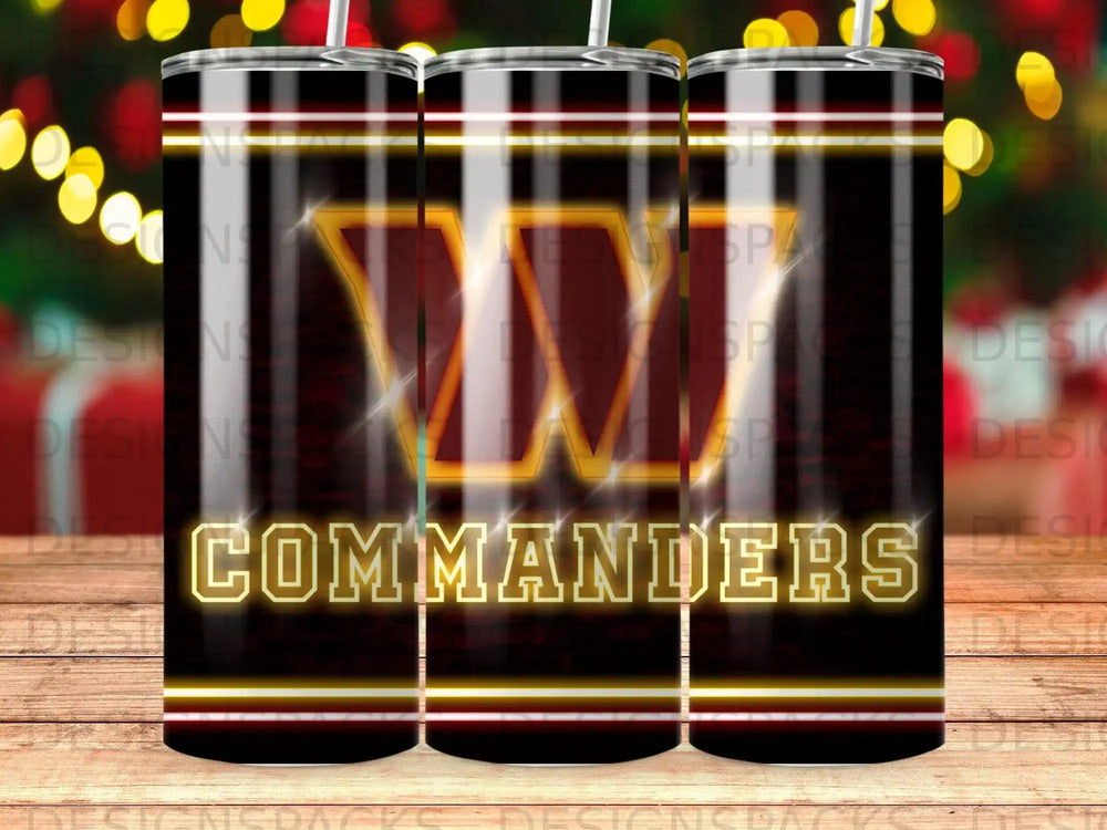 Washington Commanders logo on a black tumbler with red and gold stripes.