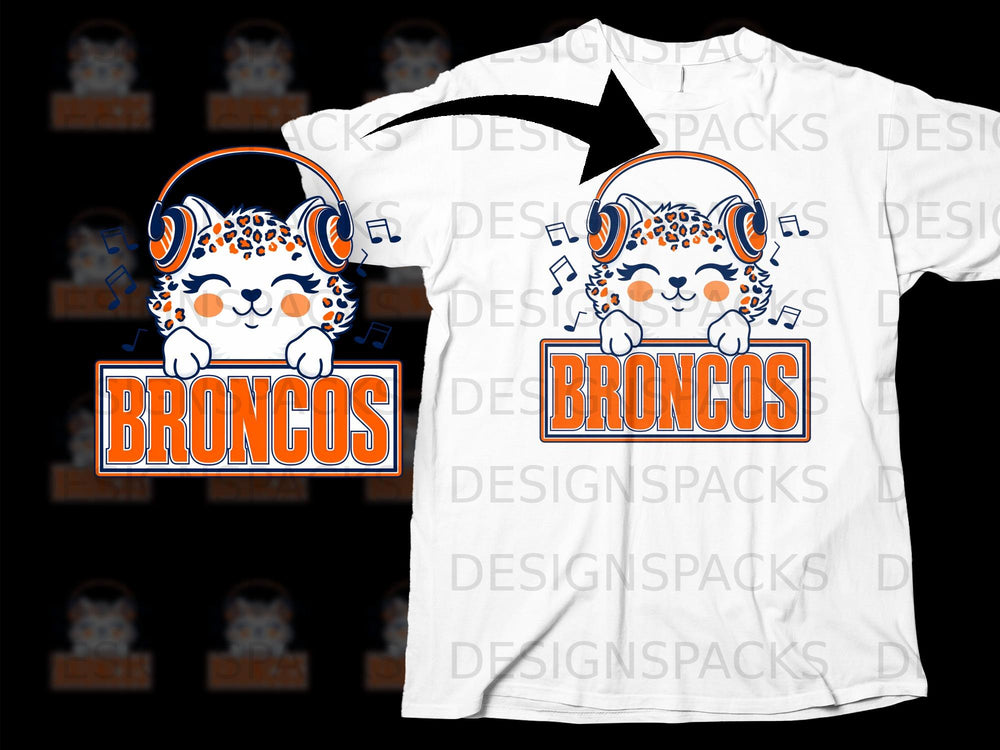 Cartoon leopard wearing headphones holds sign with "BRONCOS" text.