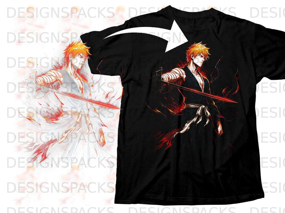 Black t-shirt with anime character Ichigo Kurosaki wielding a glowing sword.