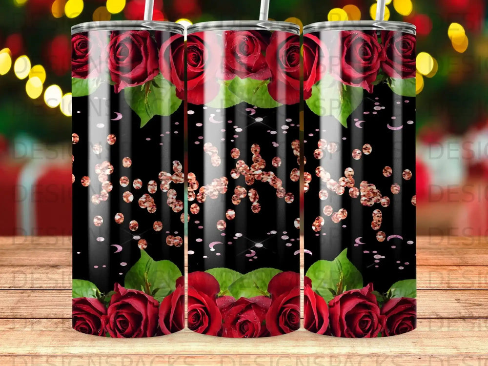 Red roses and gold glitter pattern on a black tumbler.