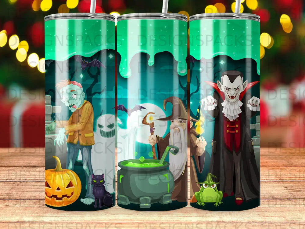 Spooky Halloween characters including zombie, ghost, wizard, vampire, and pumpkin mug.