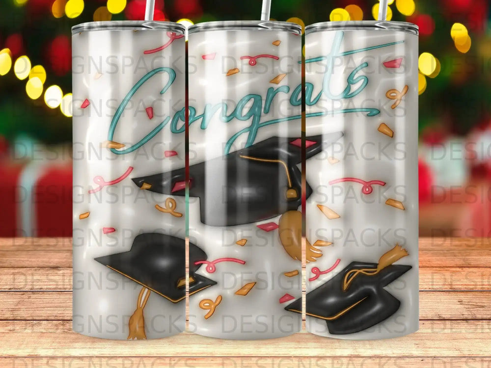 Graduation caps and confetti on a tumbler with "Congrats" text.